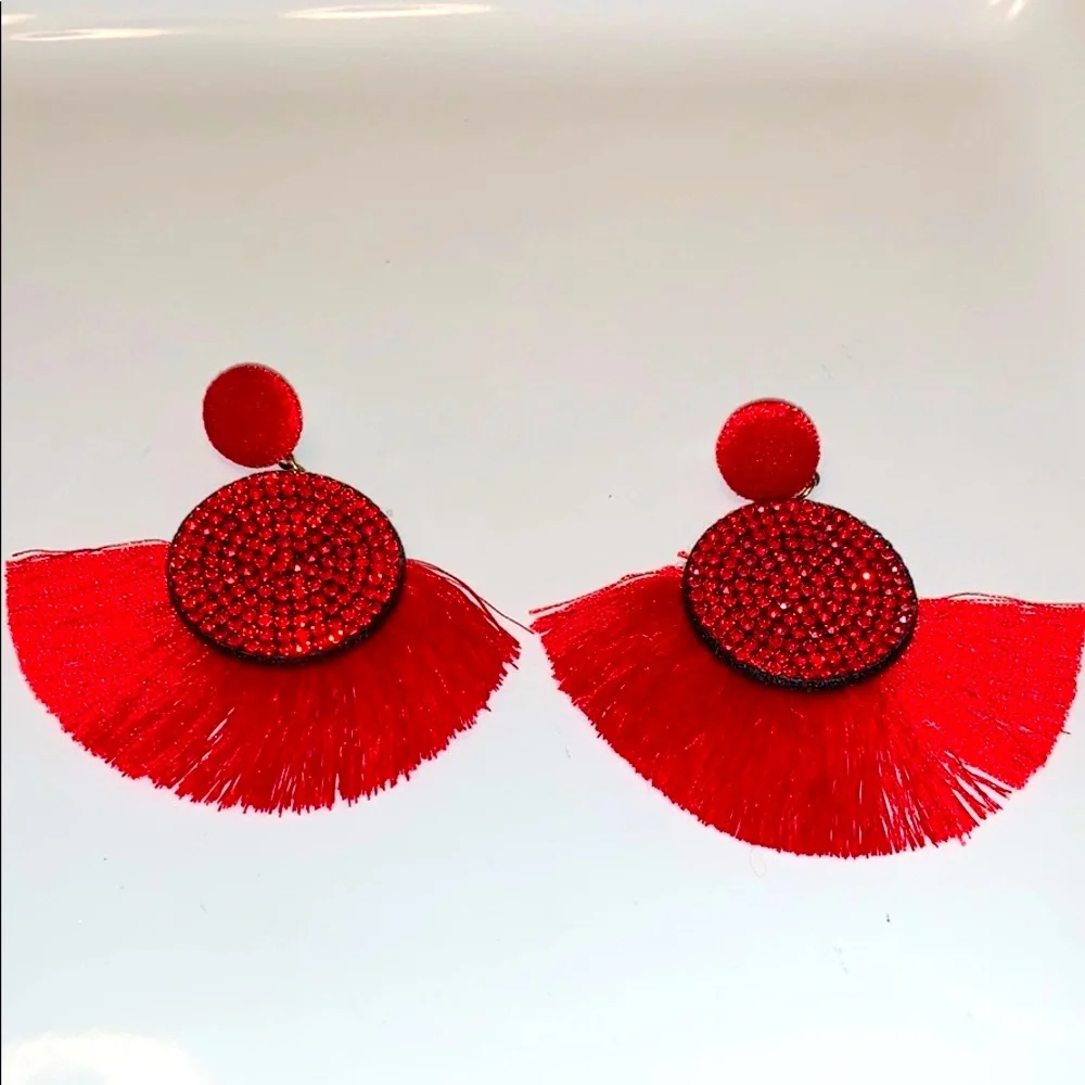 RED TASSEL FRINGE EARRINGS - Picture 6 of 8